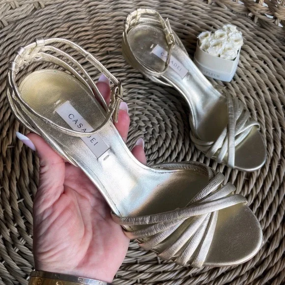 Casadei Gold Leather Strappy Woven Heeled Sandals - Picture 9 of 13